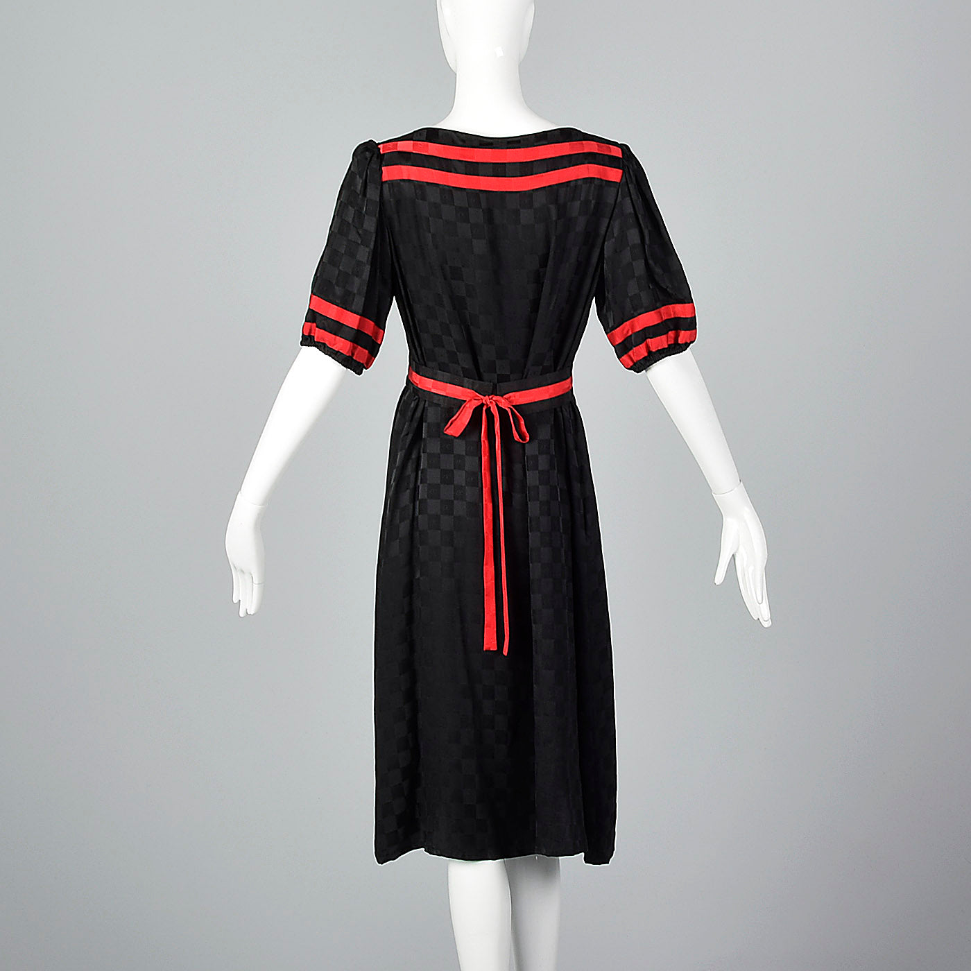 1980s Oleg Cassini Black Silk Dress with Red Trim