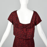 1960s Black and Red Print Dress with Mesh Bodice and Matching Overlay Top