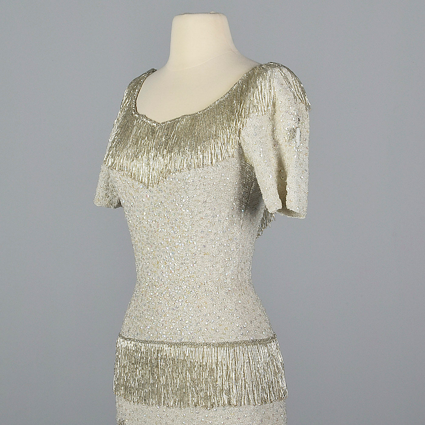 1960s Hand Knit Silver Beaded Dress with Fringe Detail