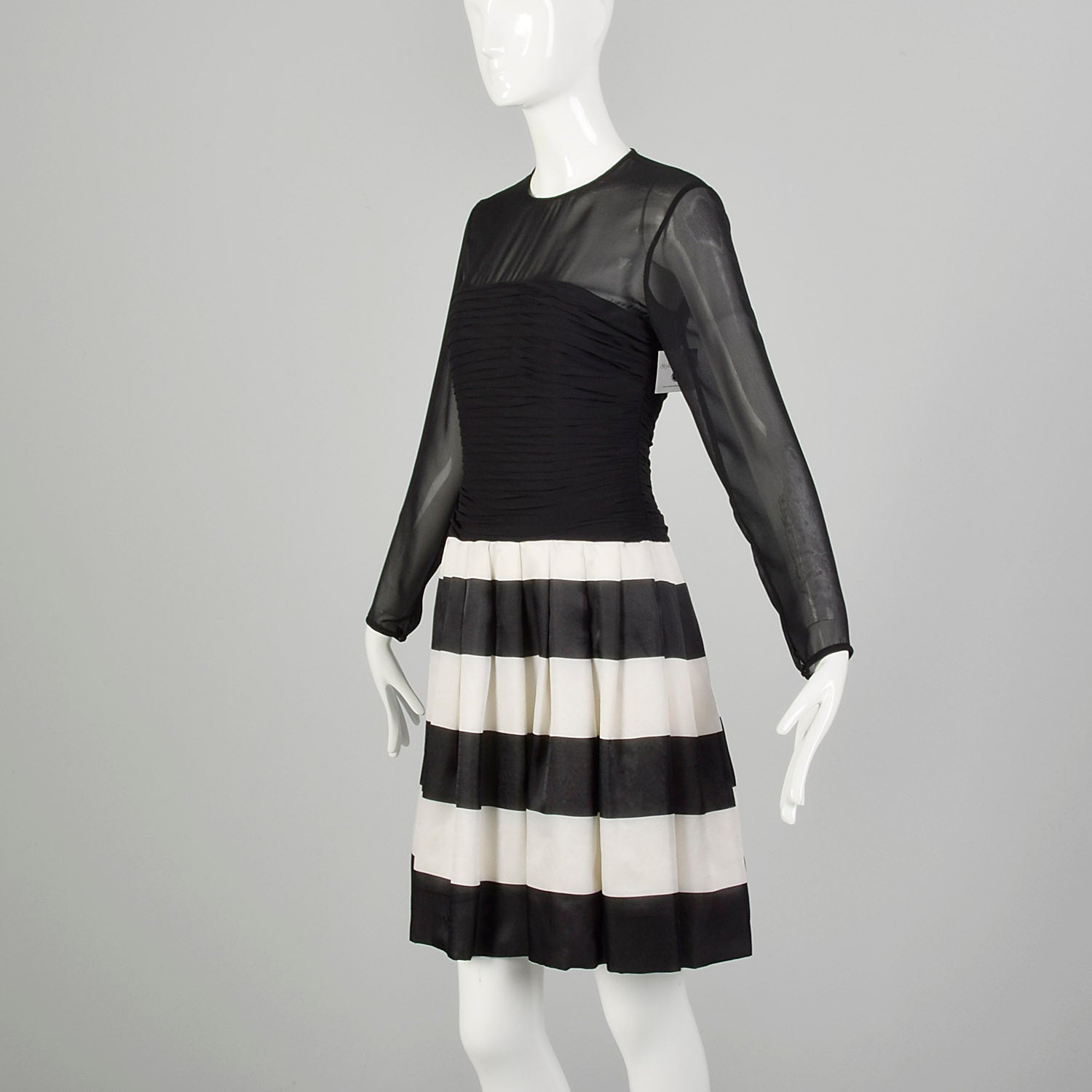 XS 2000s Dress Black Sheer White Stripe Long Sleeve Cocktail Party