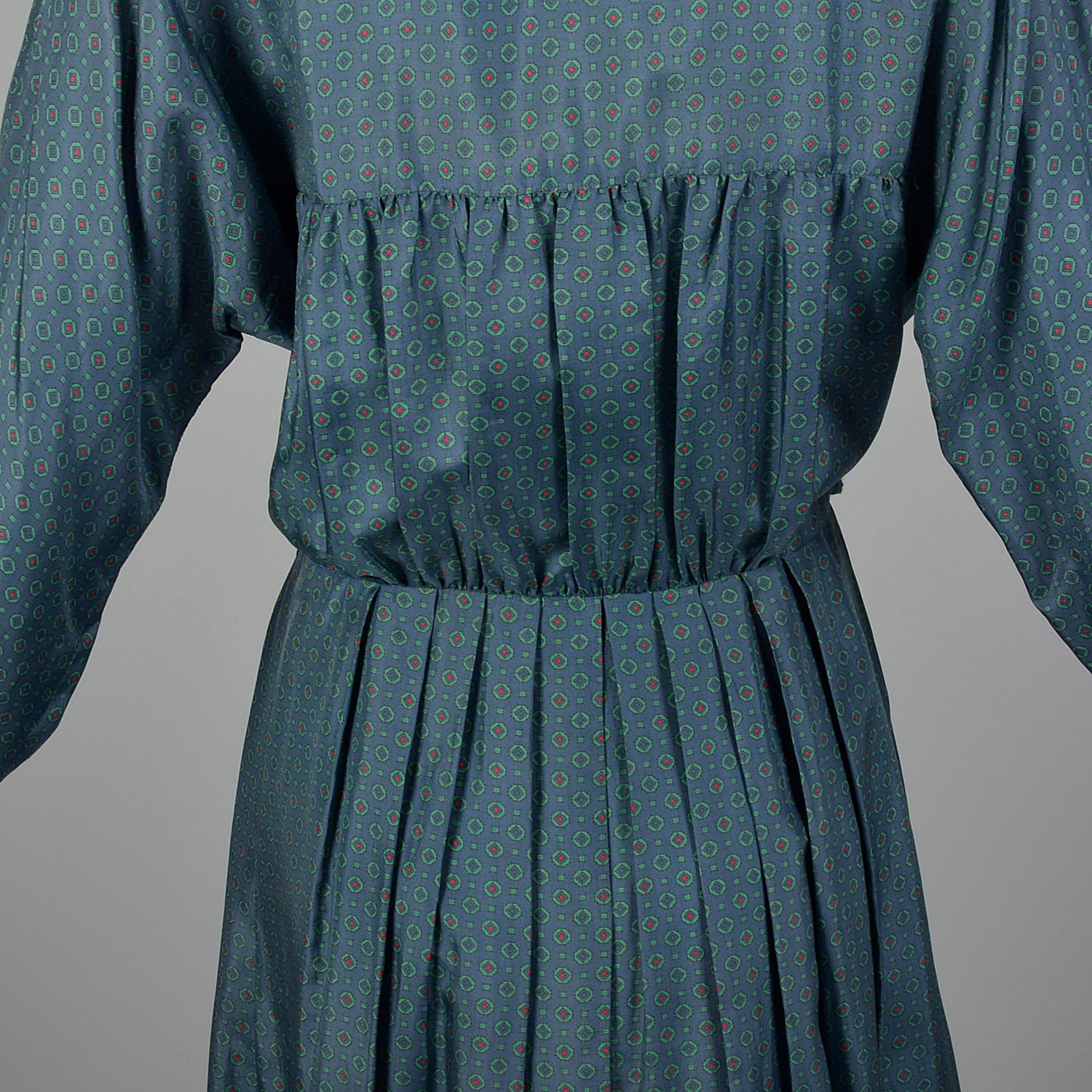 Large 1950s Print Silk Dress Jewel Tone Long Sleeve Day Dress