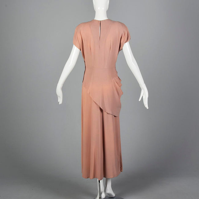 1940s Peach Crepe Gown with Floral Beaded Bodice