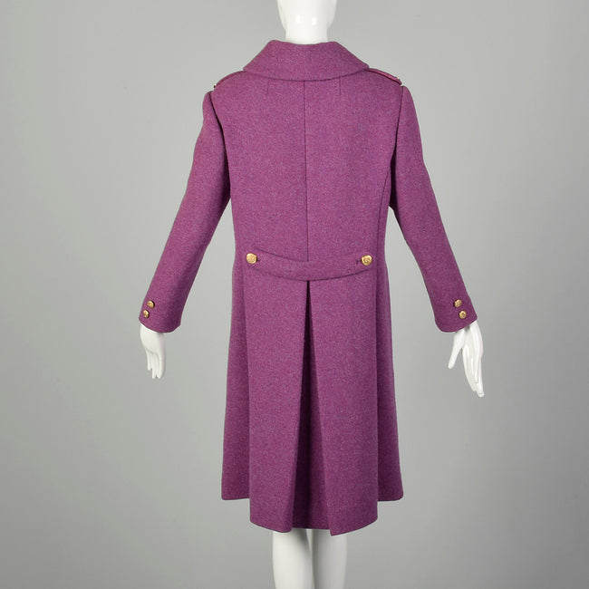 Small 1960s Coat Purple Mod Double Breasted Military Wool Winter Outerwear