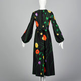 1970s Black Floral Midi Dress with Bishop Sleeves