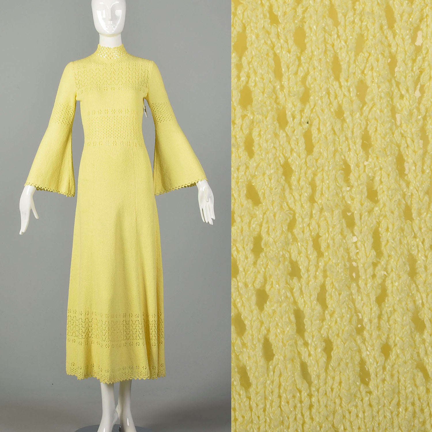 Medium 1970s Boho Dress Hippie Bell Sleeve Sheer Yellow Bohemian Knit