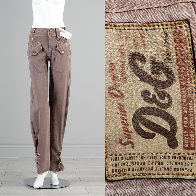 D&G Superior Denim by Dolce & Gabbana Taupe Twill Pants with Zippers Snaps and Smocked Thighs