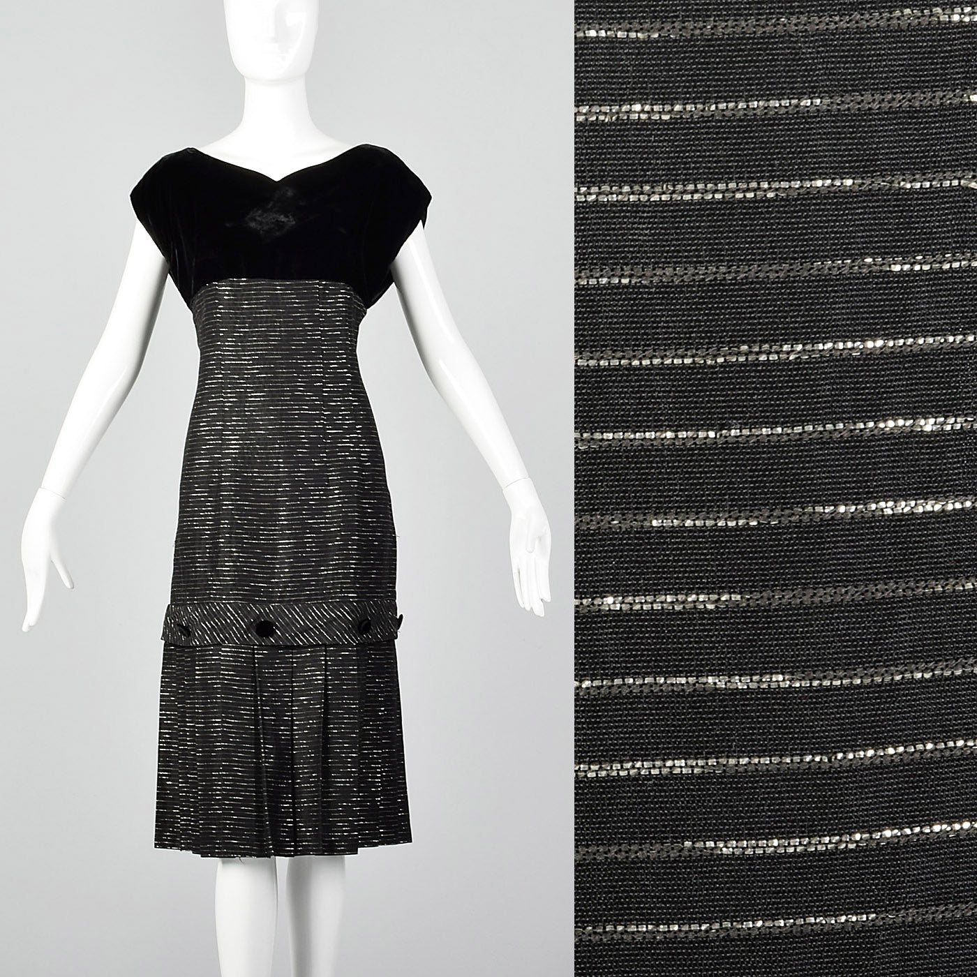 1950s Black Cocktail Dress with Metallic Stripes