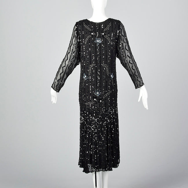 1990s Oleg Cassini Black Silk Beaded Dress