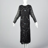 1990s Oleg Cassini Black Silk Beaded Dress