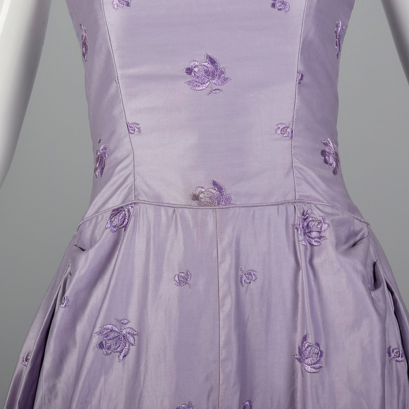 1950s Lavender Evening Dress with Floral Embroidery