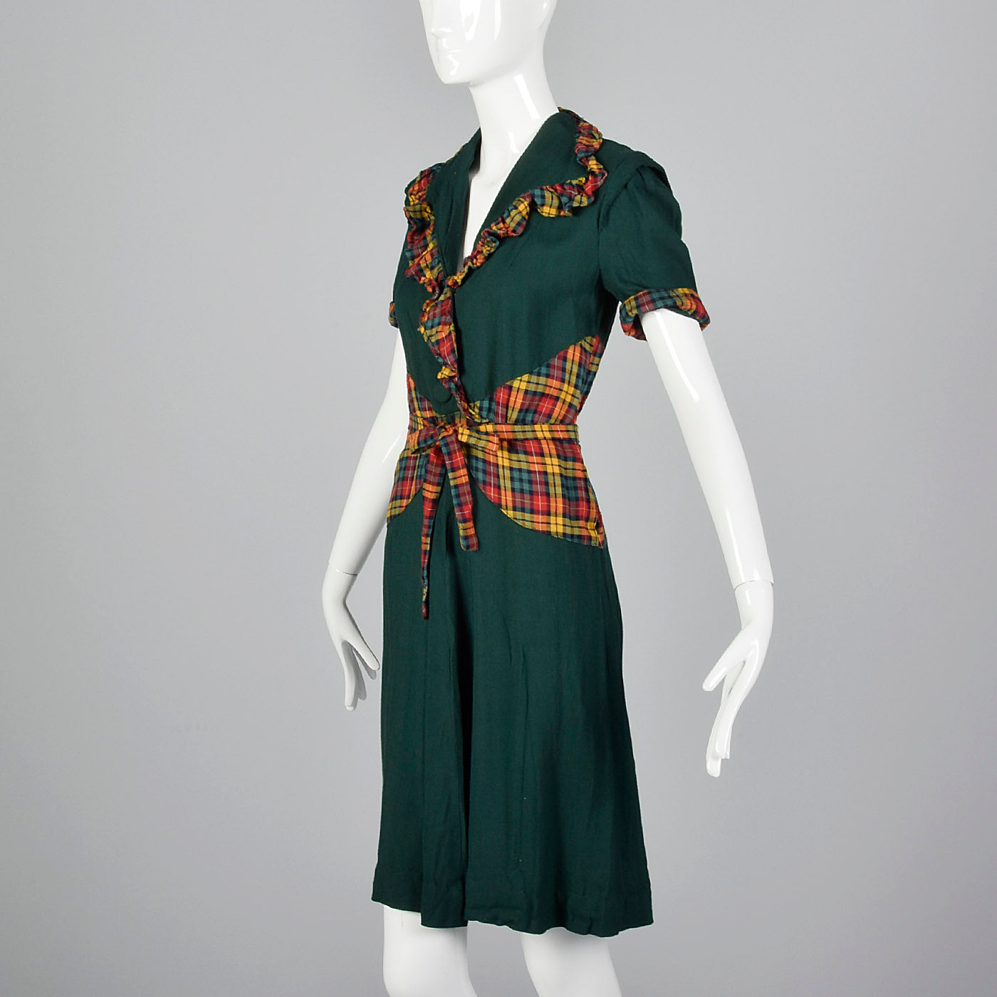 1930s Green Dress with Colorful Plaid Trim