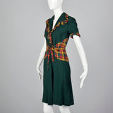 1930s Green Dress with Colorful Plaid Trim