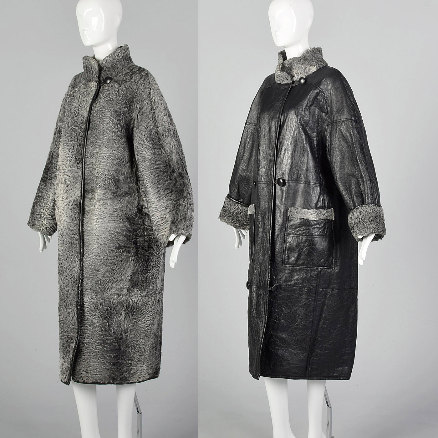 1980s Black Leather Gray Wool Reversible Coat