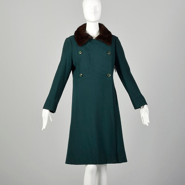 Medium 1960s Green Coat Double Breasted Autumn Outerwear with Mink Fur Collar