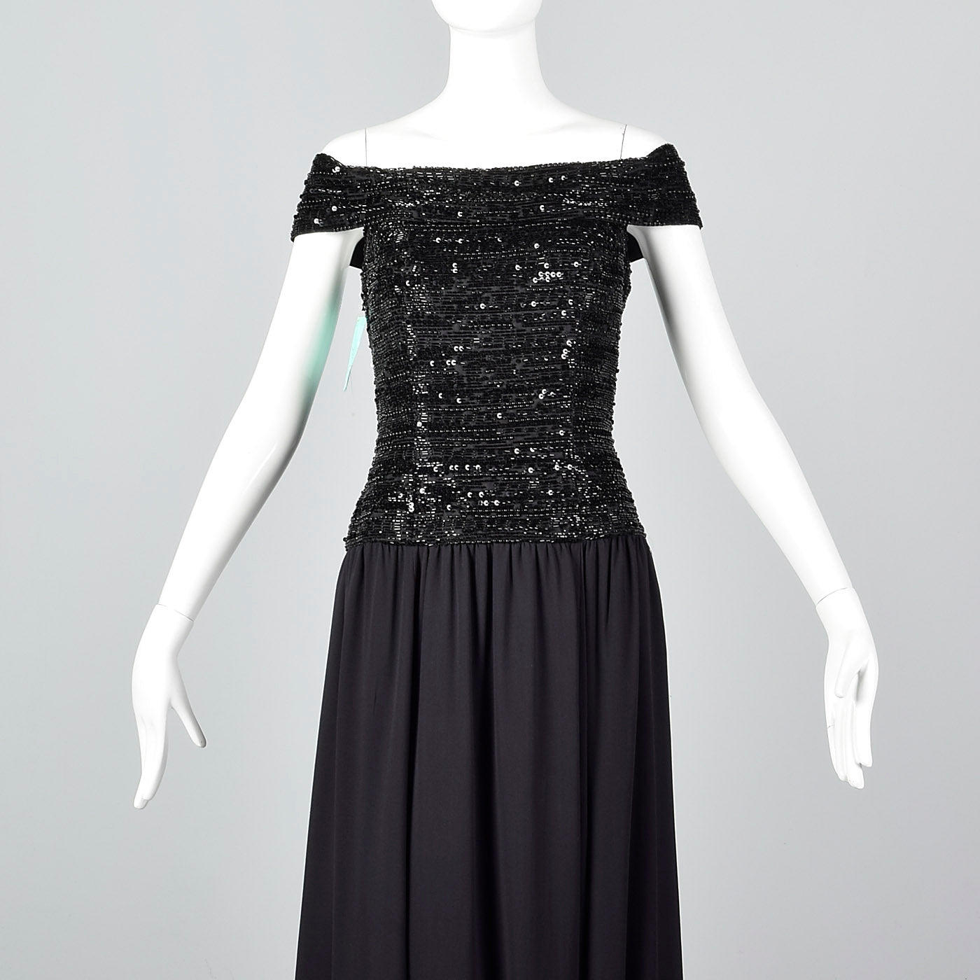 Off Shoulder Oleg Cassini Black Tie Formal Gown with Beaded Bodice and Full Skirt
