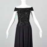 Off Shoulder Oleg Cassini Black Tie Formal Gown with Beaded Bodice and Full Skirt