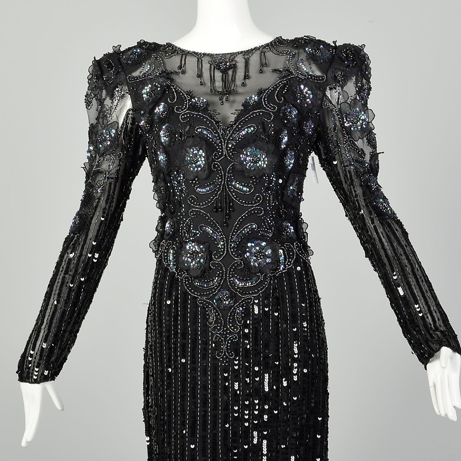 Medium Bellissima Dress 1980s Silk Beaded Sheer Formal Black Sequin Keyhole Back Evening Gown