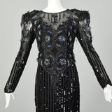 Medium Bellissima Dress 1980s Silk Beaded Sheer Formal Black Sequin Keyhole Back Evening Gown