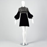 XS 1960s Beaded Black Velvet Dress