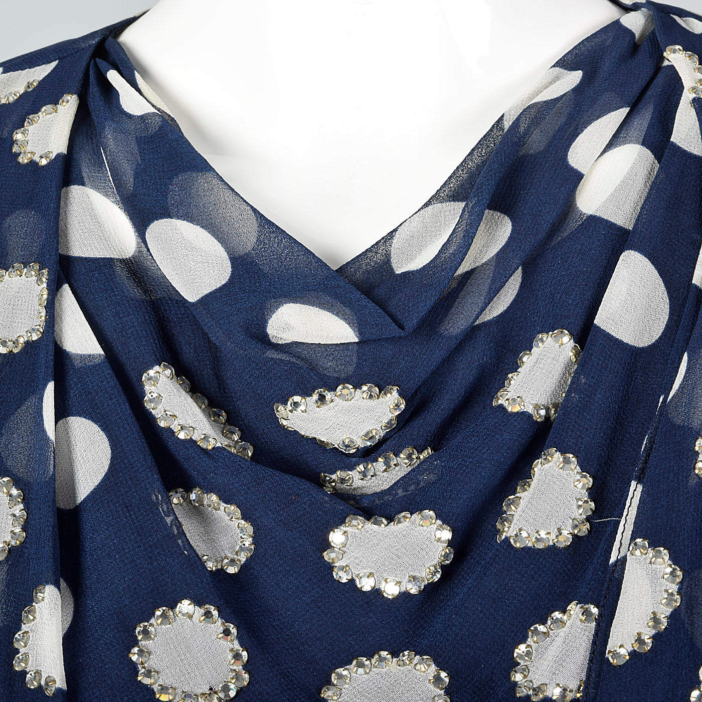 1970s Navy Dress with White Polka Dots