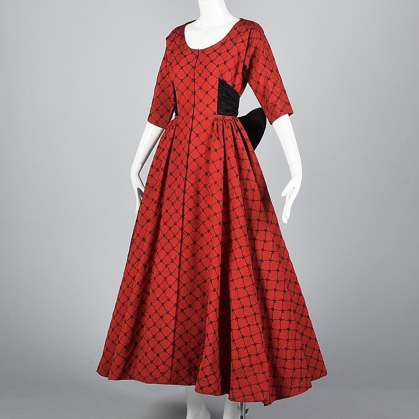 1950s Red Party Dress with Black Taffeta Bow