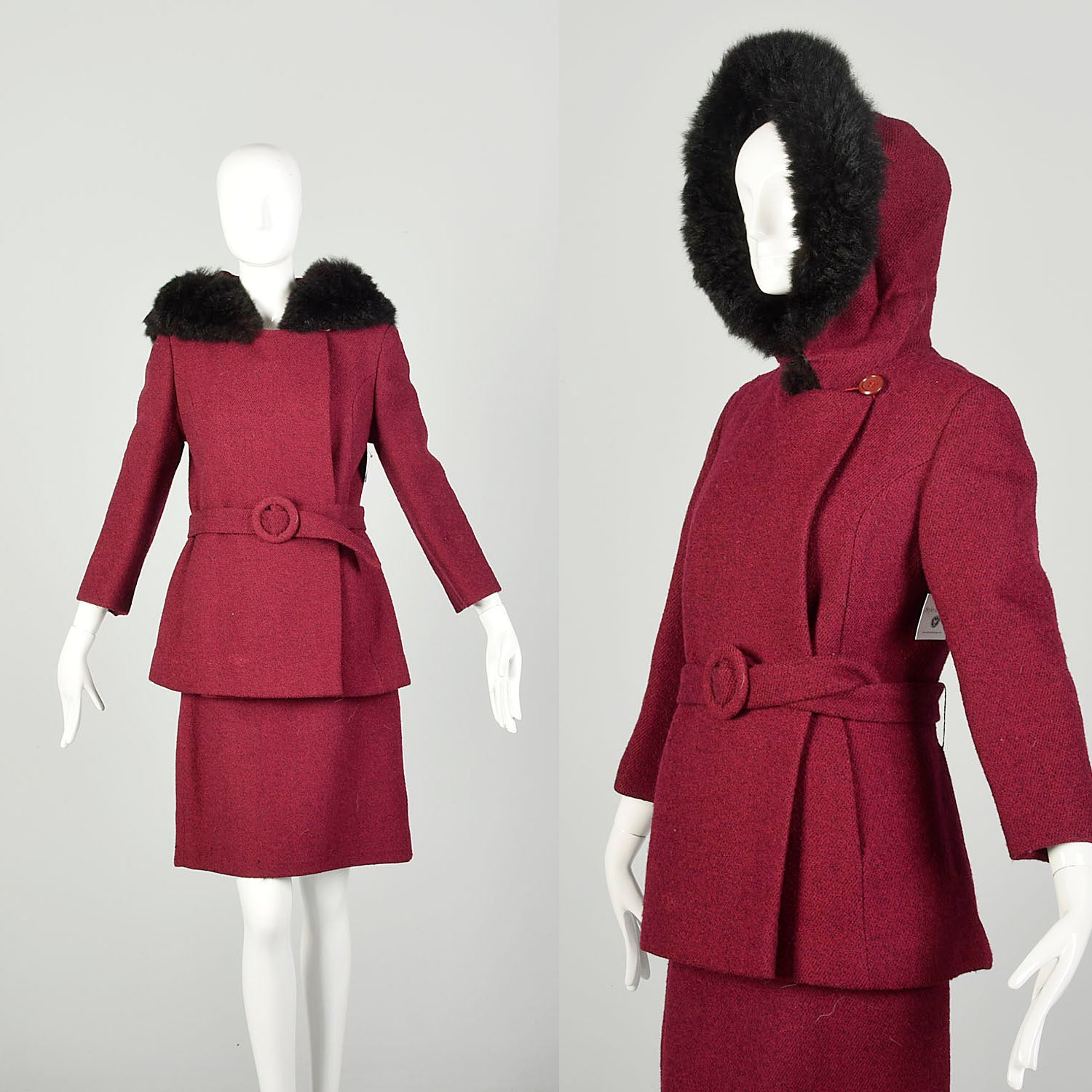 Small 1970s Raspberry Pencil Skirt Winter Coat Tweed Winter Ensemble