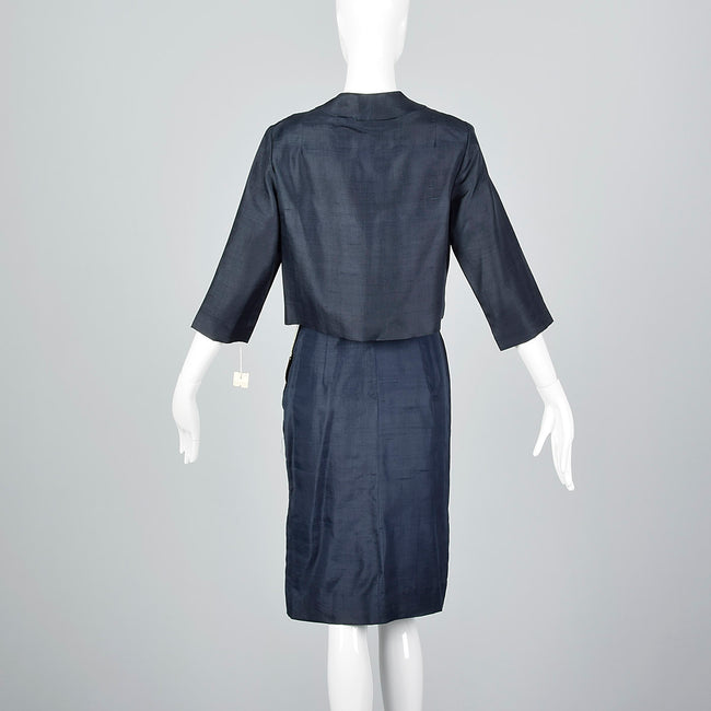 1960s Navy Blue Silk Skirt Suit with Mother of Pearl Buttons