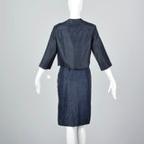 1960s Navy Blue Silk Skirt Suit with Mother of Pearl Buttons