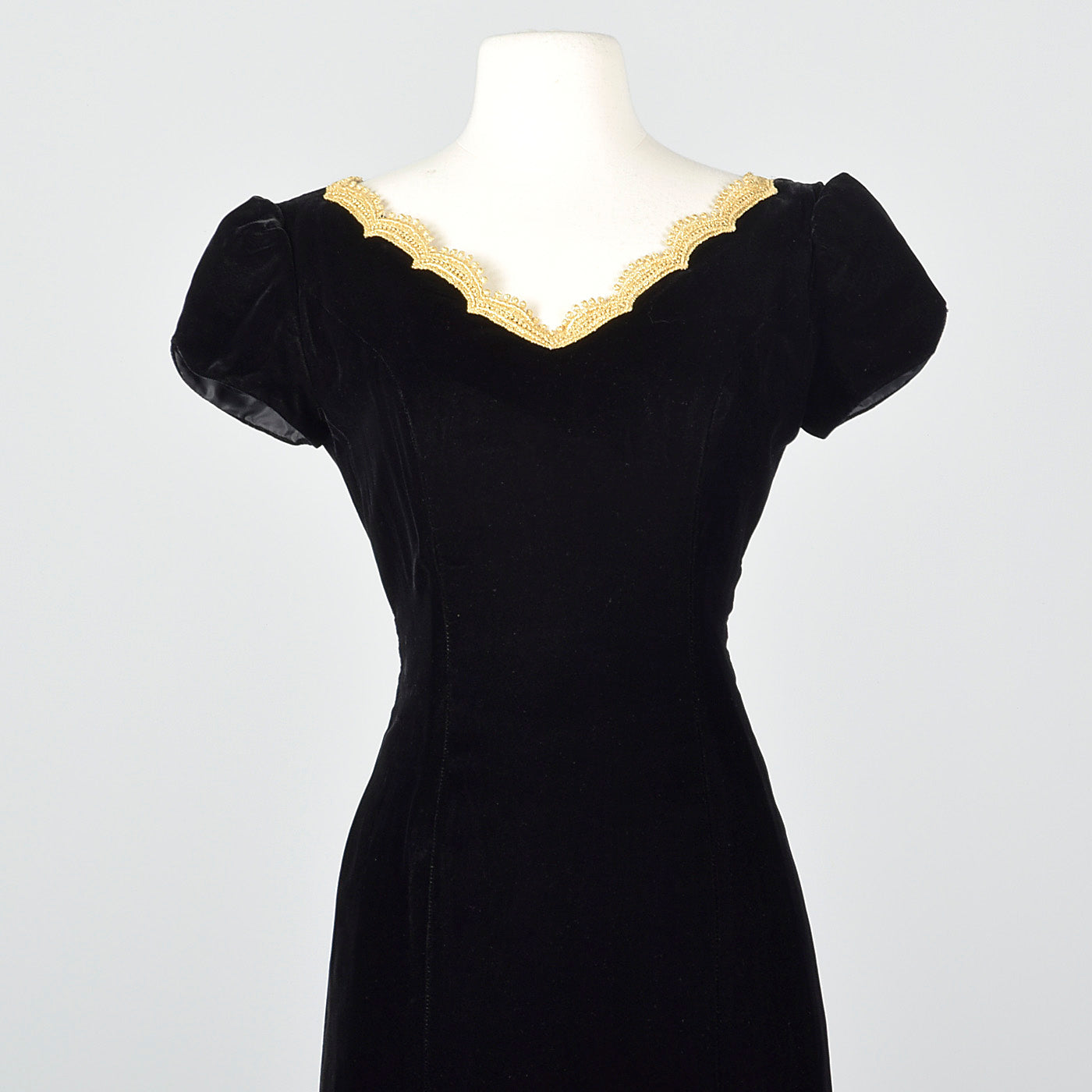1950s Black Velvet Wiggle Dress with Gold Trim Collar