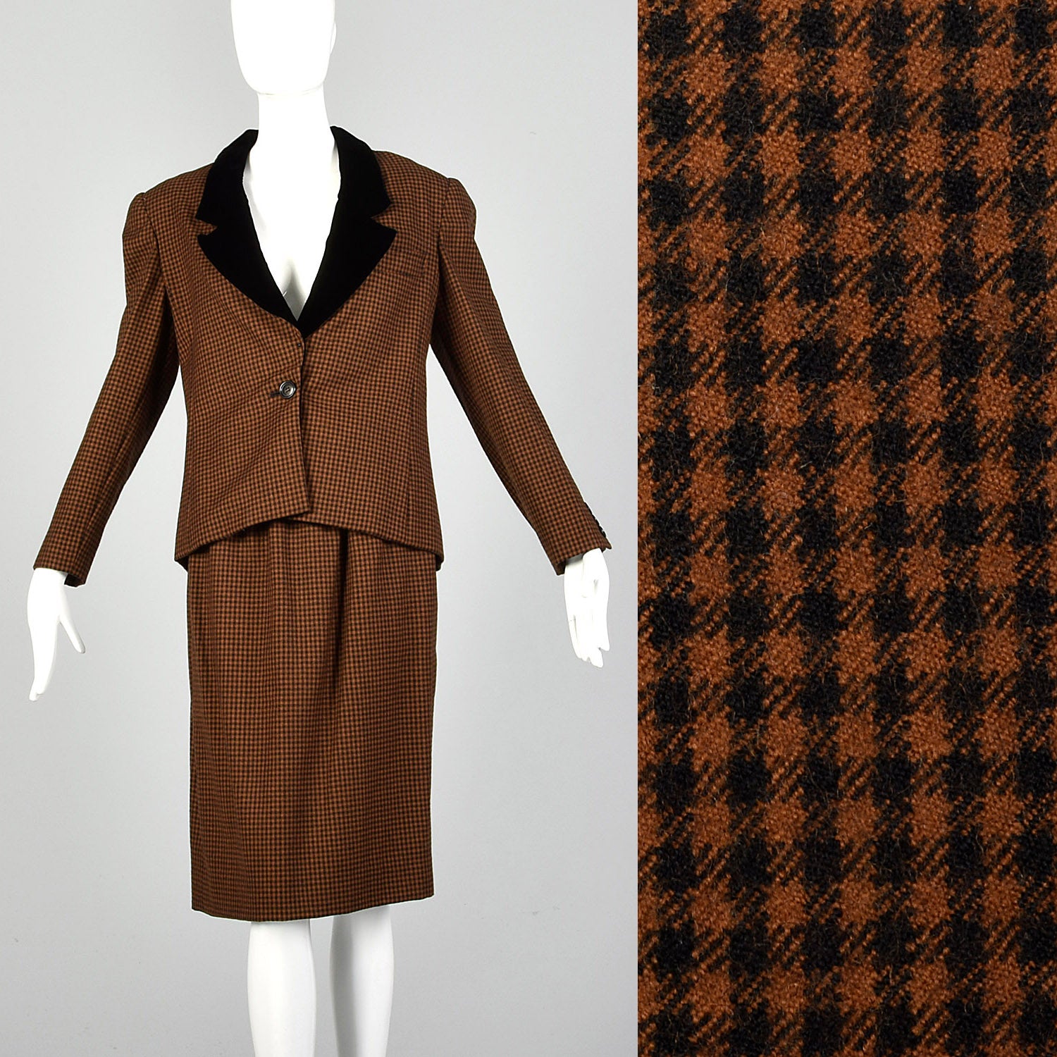 Small 1980s Oscar de la Renta Black and Brown Skirt Suit