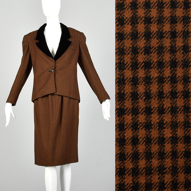 Small 1980s Oscar de la Renta Black and Brown Skirt Suit