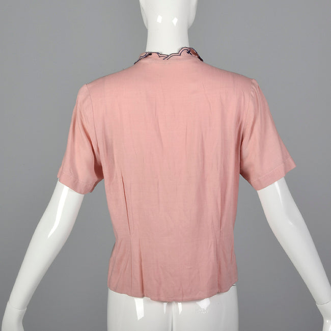 1940s Pink Rayon Blouse with Blue Embroidery