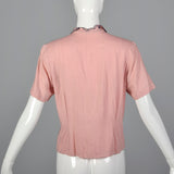 1940s Pink Rayon Blouse with Blue Embroidery