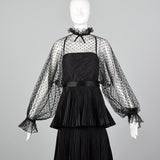 1970s Richilene Black Pleated Maxi Dress with Mesh Top