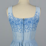 1950s Blue Cotton Day Dress with Embroidered Bodice