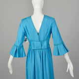 Small 1960s Dress Modest Casual Ruffle Sleeve Blue Maxi
