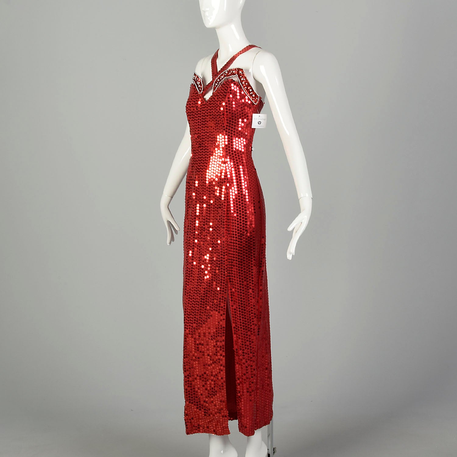 Medium 1990s Red Evening Dress Beaded Sleeveless Sequin Maxi