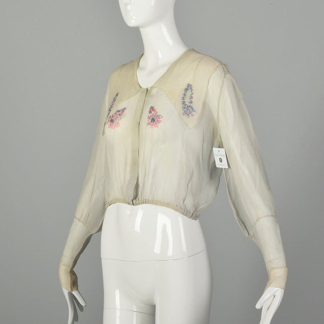 Small 1910s Edwardian Blouse Sheer Silk Yarn Embroidery Sailor Collar