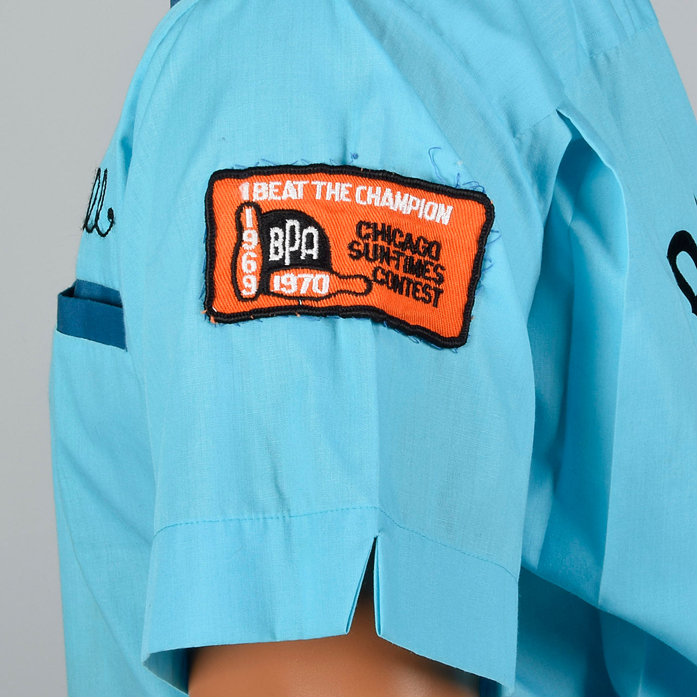 1960s Teal Blue Bowling Shirt with Chicago Sun Times Patch