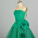 XS 1950s Kelly Green Tulle Prom Dress Strapless Taffeta Peplum Bodice Rose Embellishments
