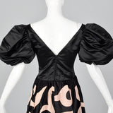 1980s Black Party Dress with Applique Full Circle Skirt