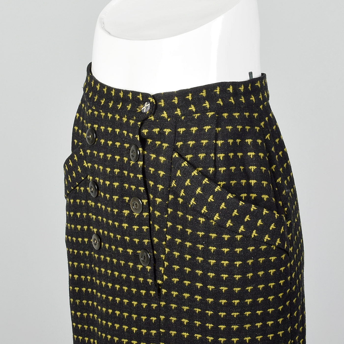 Small 1950s Charcoal and Yellow Patterned Pencil Skirt