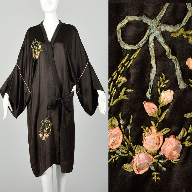 1920s Black Silk Dressing Gown Floral Wreath Appliqués