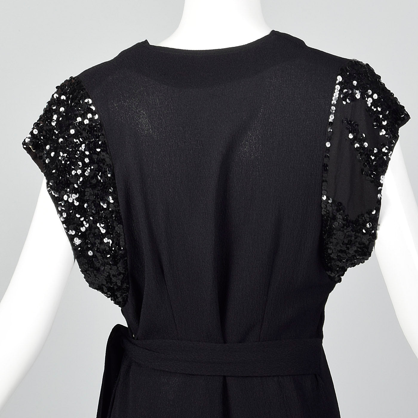 1940s Black Rayon Dress with Sequin Sleeves