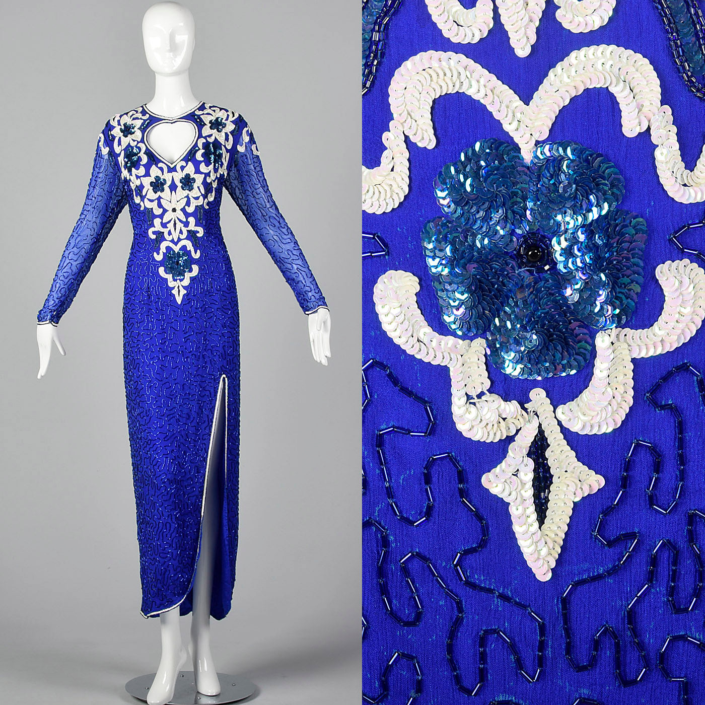 1980s Blue Beaded Evening Dress