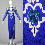 1980s Blue Beaded Evening Dress