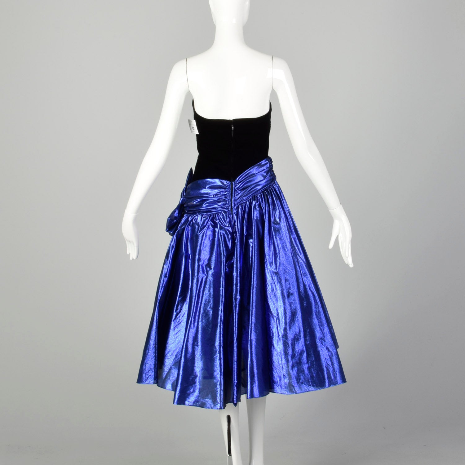 XXS 1980s Blue Lamé Prom Dress Asymmetric Black Velvet Full Skirt
