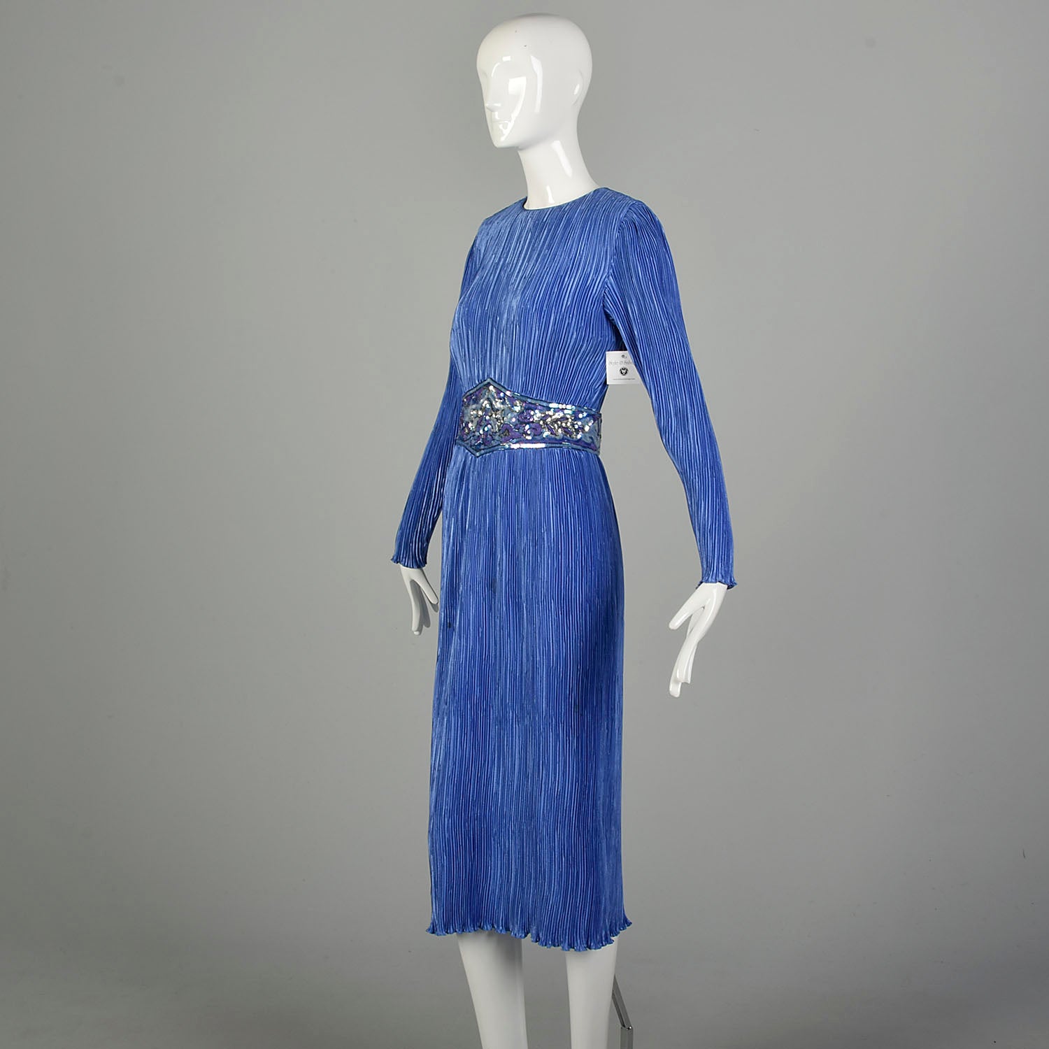 Small 1980s Fortuny Pleated Periwinkle Dress Blue Evening Dress Cocktail Dress Sequin Waistline