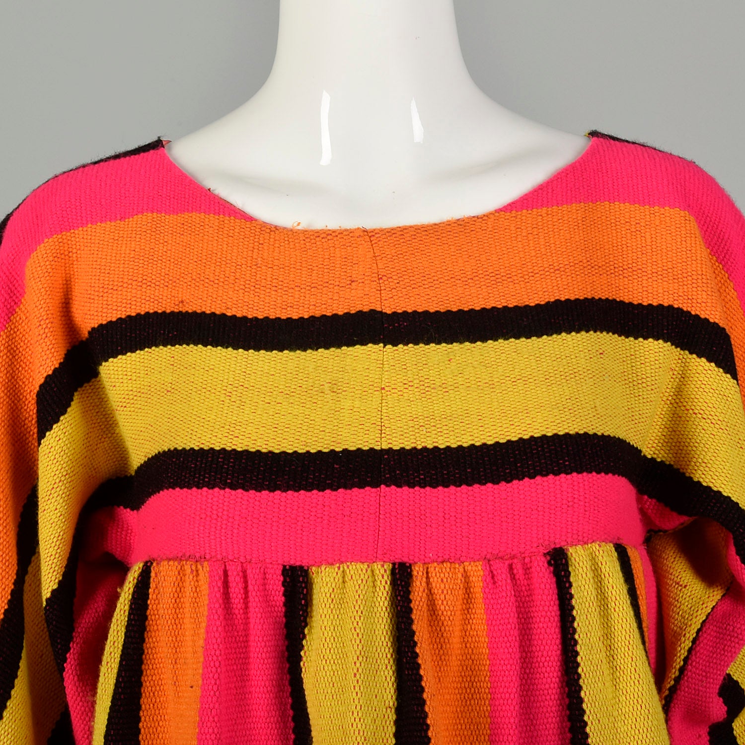 XXS 1970s Dress Long Sleeve Maxi Fringe Hem Hot Pink Bold Stripes