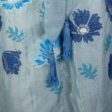 Large 1970s Dress Blue Lightweight Flower Long Sleeve Tassel Belted